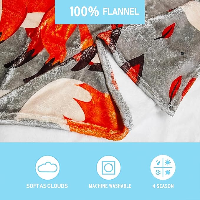 Cute Fox Blanket for Women Girls Kids Adults 50" x 60", Flannel Throw for Sofa Couch Bed Living Room, Gifts for Animal Lovers