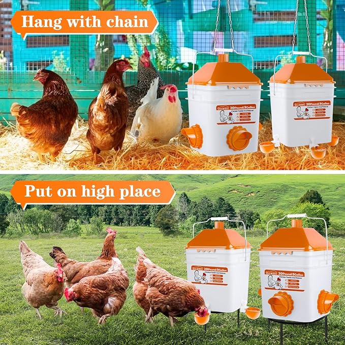 20 Pounds Chicken Feeder and 3 Gallon Chicken Waterer,High-Capacity Hanging Chicken Feeder and Waterer Set for up to 20 Chicks/15 Adult Chickens(Orange)