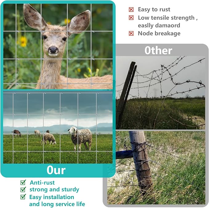 Farm Fence 4FT x 100FT, Heavy Duty Livestock Fence, Galvanized Welded Wire Fence for Deer, Cattle, Goat, Hog, Sheep, Animals and Field Protection
