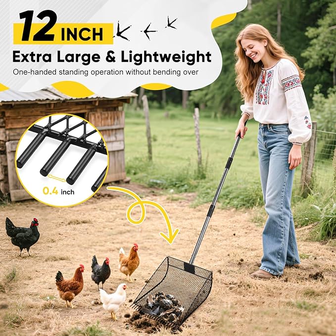 Upgraded 12-inch Chicken Poop Scooper Rake, Durable Metal Poop Scoop for Chicken with 24 to 68" Adjustable Stainless Steel Handle, Litter Scooper for Sand Sifting Shovel for Animals House