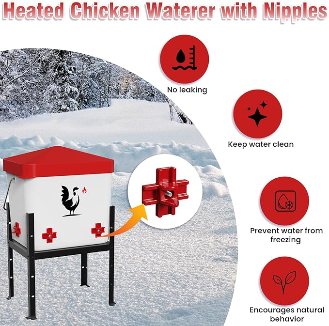 Heated Chicken Waterer, 1.8 Gallon Chickens Poultry Waterer with Nipples, Height Adjustable & Detachable Stand, All-Season Chicken Coop Waterers, Chicken Water Heater (7L, Red Cover)