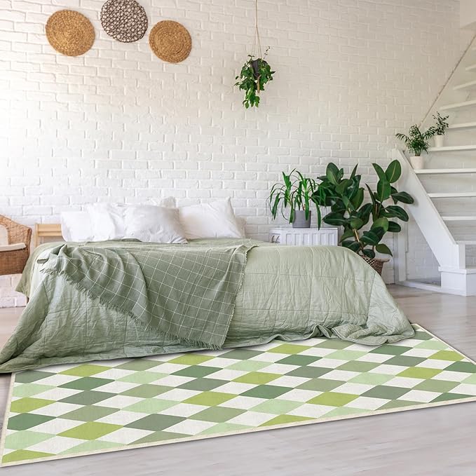 Checkered Washable Area Rugs 5x7 Diamond Non-Slip Modern Soft Large Carpet for Living Room Entryway Bedroom Farmhouse Green