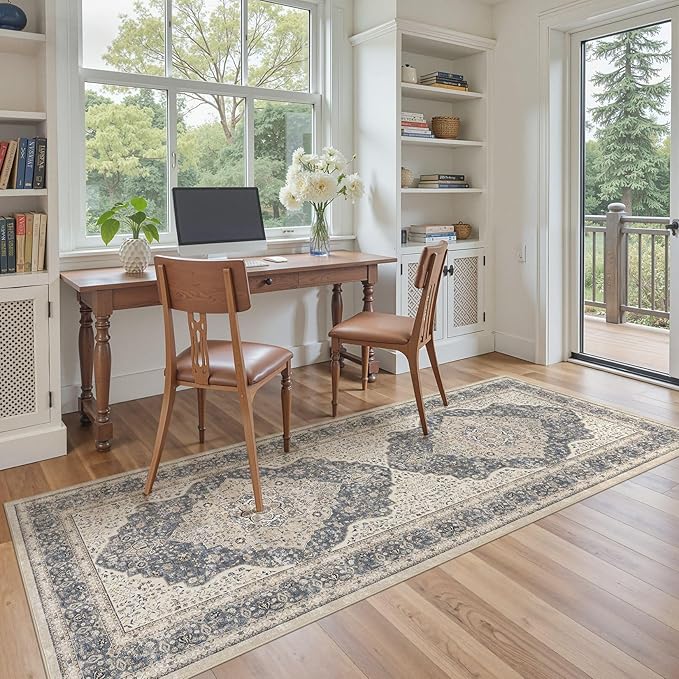 Washable Rug 3x8 Hallway Runner Rug-for Entryway Bedroom Kitchen Room Corridor Decor -Stain & Fade Resistant Non Slip Backing Carpet,Ultra-Thin Vintage Long Carpets(Blue/Beige)