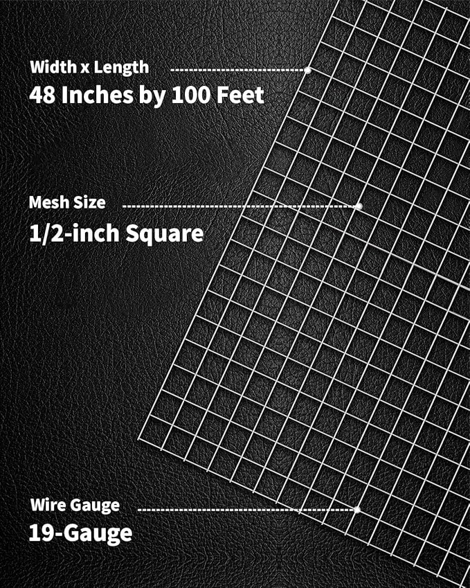 Hardware Cloth 1/2 inch 48 x 100 Ft 19 Gauge - Hot Dip Galvanized After Welding - Chicken Wire Fencing Gopher Wire Mesh Roll Garden Fence Wire Mesh Fence