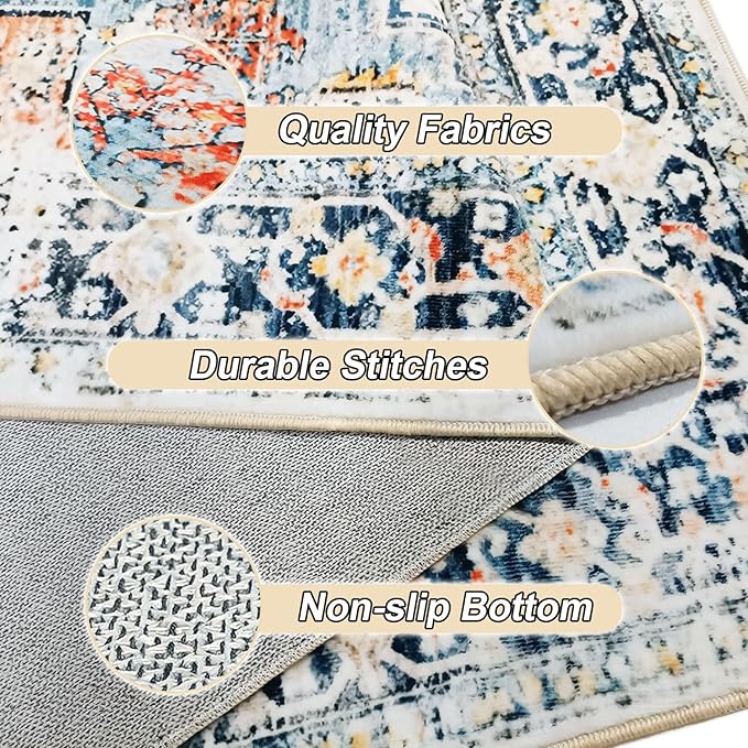 Area Rugs Washable Non-Slip, Floral Vintage Distress Print Pattern Medallion Carpet for Living Room Bedroom Dining Room, Beige Navy Blue Orange Colorful (Blue, 3' x 5')