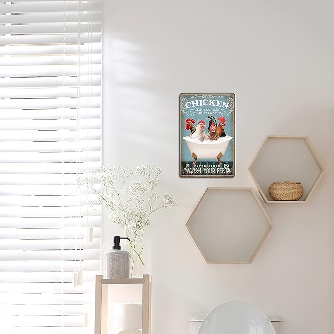 Fun Chicken Bathroom Sign - Bathtub & Wall Decor - Retro 8x12 Inch