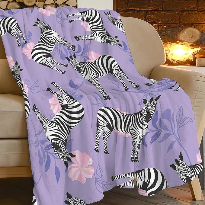 Zebra Blanket Super Cozy Soft Warm Plush Fluffy Flower Stuff Gifts for Women Girls Fleece Flannel Gift Blankets for Kids Adults 60"X50"