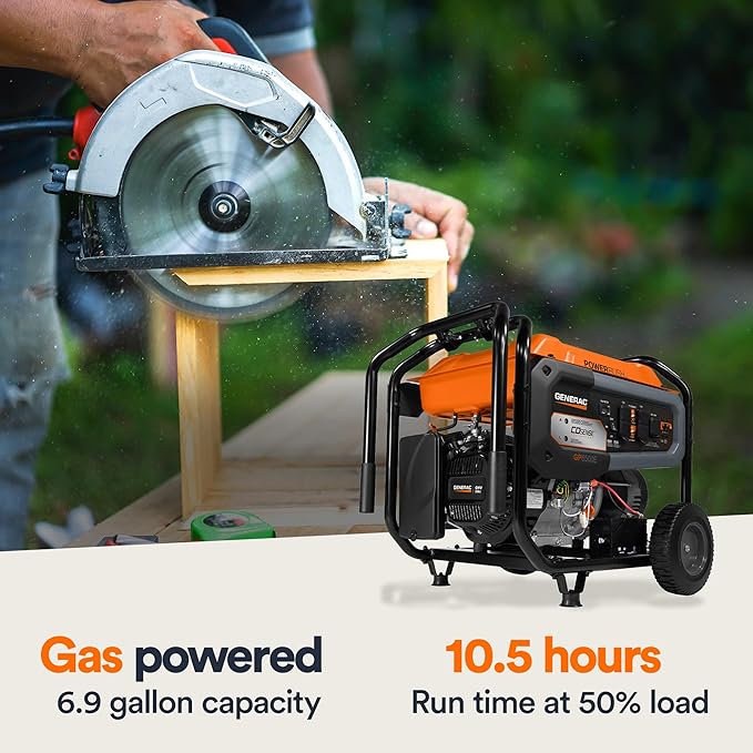 Generac 8,125 Starting Watt Gas-Powered Portable Generator - COsense Technology - PowerRush Advanced Technology - Reliable Power for Emergencies, Recreation, Home - 49 State Compliant