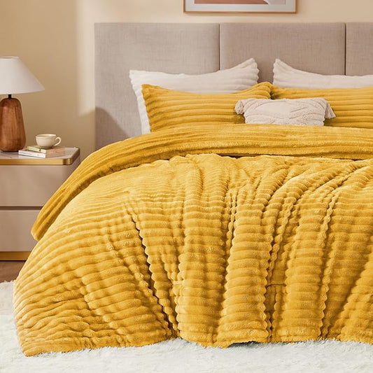 BEDELITE Fleece California King Comforter Set -Super Soft & Warm Fluffy Mustard Yellow Bedding, Luxury Fuzzy Heavy Bed Set for Winter with 2 Pillow Cases