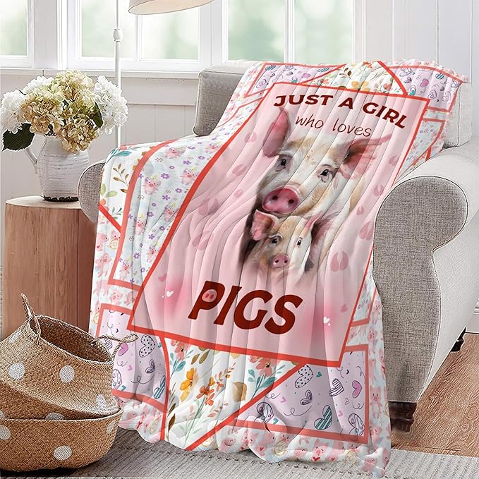 Cute Pig Blanket Just A Girl Who Loves Pigs Throw Blanket Ultra Soft Cozy Fleece Flower Animal Gift Fuzzy Plush Bedding Blankets for Kids Teens Adults Girls Boys Women Men 60"x50"