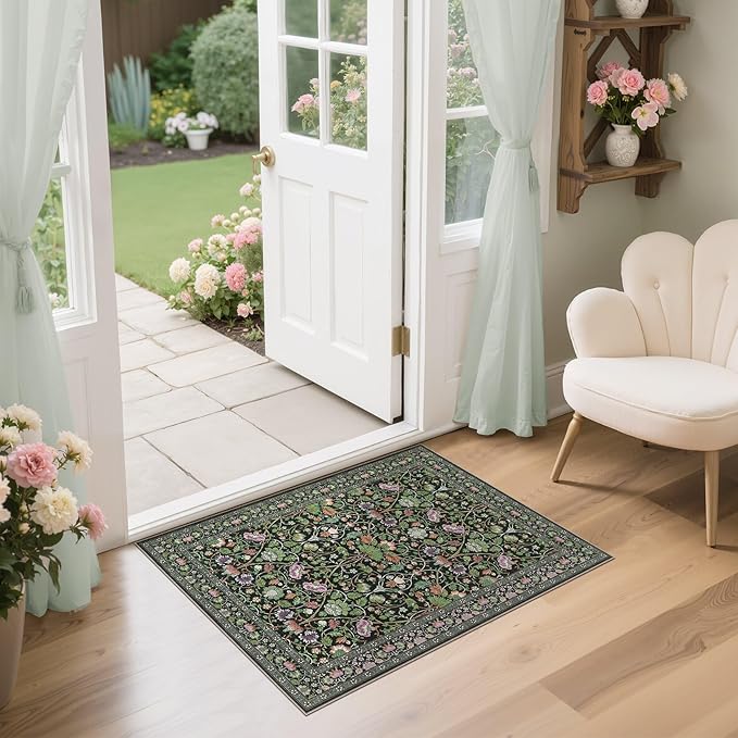 2x3 Area Rug Living Room Rugs - Washable Boho Vintage Floral Large Soft Non Slip Thin Rug Low Pile Carpet for Bedroom Dining Room Kids Playroom Office Decor Indoor- Green Dark