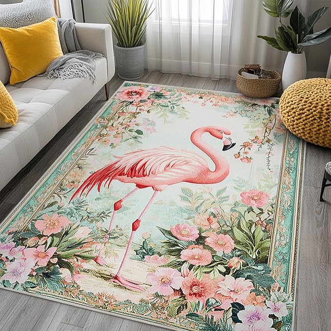 6x9 Flamingo Area Rugs Boho Floral Tropical Botanical Rug for Living Room Indoor Soft Non-Slip Thin Large Carpet Flower Rugs for Bedroom Home Decor Under Table Washable Machine