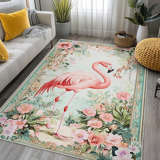 6x9 Flamingo Area Rugs Boho Floral Tropical Botanical Rug for Living Room Indoor Soft Non-Slip Thin Large Carpet Flower Rugs for Bedroom Home Decor Under Table Washable Machine