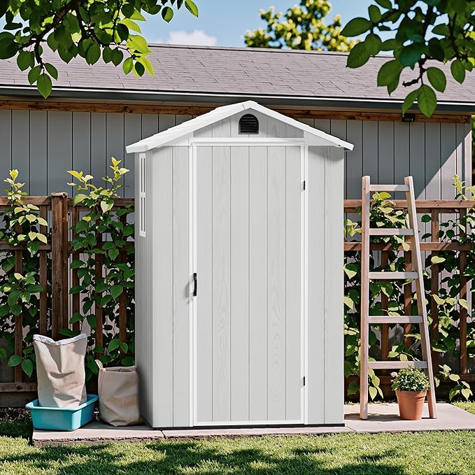 Devoko 4x4 FT Outdoor Shed, Compact & Secure Plastic Resin Storage with Lockable Door, Features Built-in Floor & Window for All-Weather Garden, Patio, and Poolside Organization, Light Gray