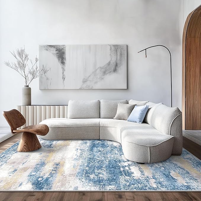 GENIMO Washable Area Rugs for Living Room, 8x10 Modern Non Slip Rugs, Low Pile Lightweight Soft Print Rug for Bedroom, Dining Room, Home Office, Blue Cream
