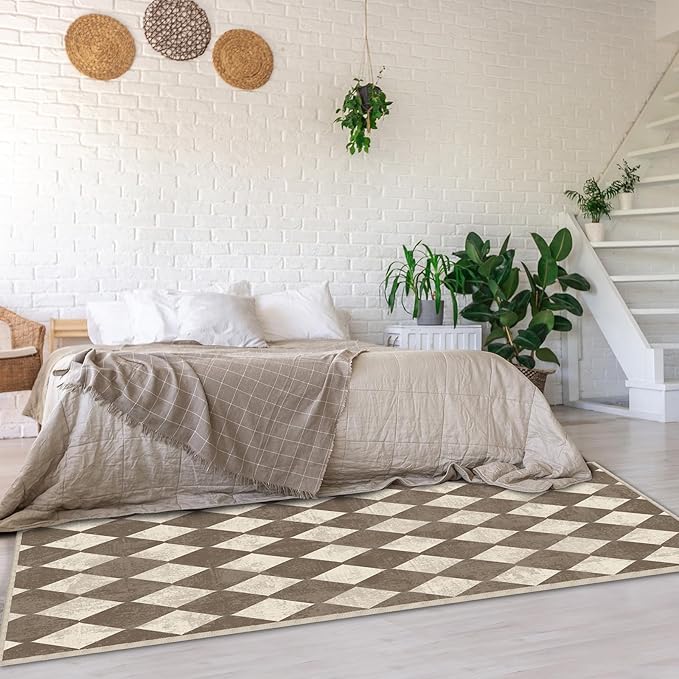 Washable Checkered Brown Neutral Diamond Geometry Area Rugs 5x7 Modern Soft Large Carpet for Living Room Entryway Bedroom Farmhouse Non-Slip