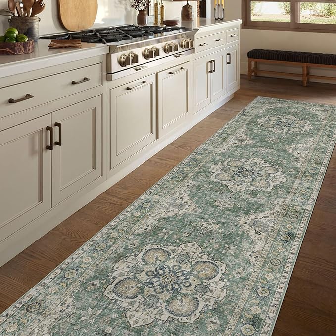 Washable Hallway Runner Rug 2.5x12ft - Long Non-Slip Sage Green Boho Runner Rug Low Pile Soft Vintage Farmhouse Oriental Runners for Hallways Kitchen Living Room Indoor Entryway Bedroom