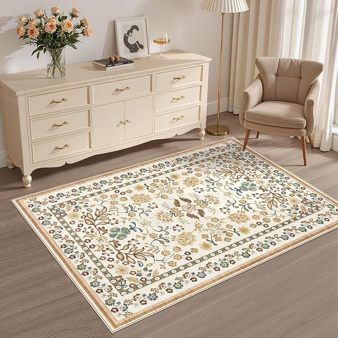 3x5 Area Rug Living Room Rugs - Washable Boho Vintage Floral Large Soft Non Slip Thin Rug Low Pile Carpet for Bedroom Dining Room Kids Playroom Office Decor Indoor- Brown