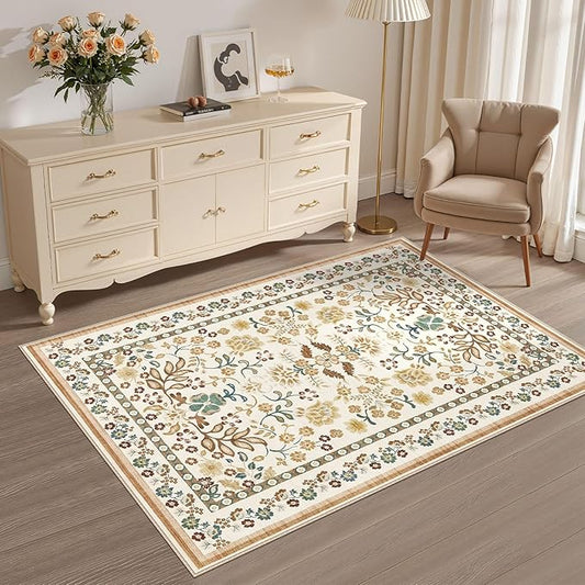 3x5 Area Rug Living Room Rugs - Washable Boho Vintage Floral Large Soft Non Slip Thin Rug Low Pile Carpet for Bedroom Dining Room Kids Playroom Office Decor Indoor- Brown