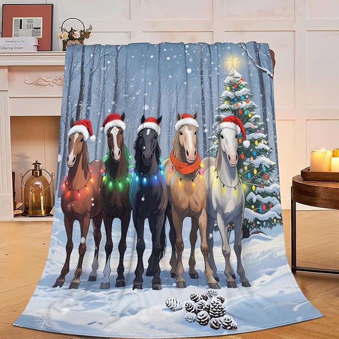 Christmas Horse Blanket, Soft Plush Fleece Animal Throw Blanket - Cozy Warm Stuffed Blankets Bedding Horse Gifts for Women Girls Kids Adults 60"X80"