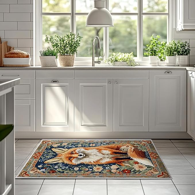 2x3 Fox Area Rugs Boho Floral Flower Rug for Bathroom Kitchen Entryway Indoor Soft Non-Slip Thin Hippie Carpet Small Doormat for Office Dining Room Under Table Washable Machine