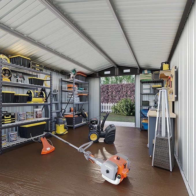 Aoxun 10x12 Shed with Brown Floor Galvanized Steel Outdoor Storage Shed Metal Garden Shed with Moisture-Proof Floor & Ventilation, Sloped Roof for Bike/Generator/Tool Storage (Brown Floor Included)