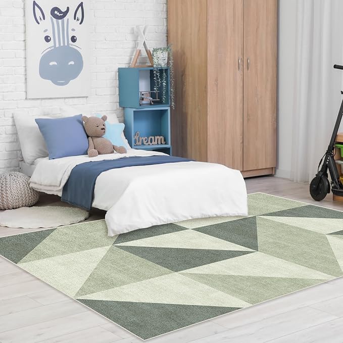 Washable Geometric Green Area Rugs 3x5 Modern Neutral Abstract Non Slip Low Pile Indoor Floor Small Carpet for Living Room Bedroom Dinning Room Kitchen
