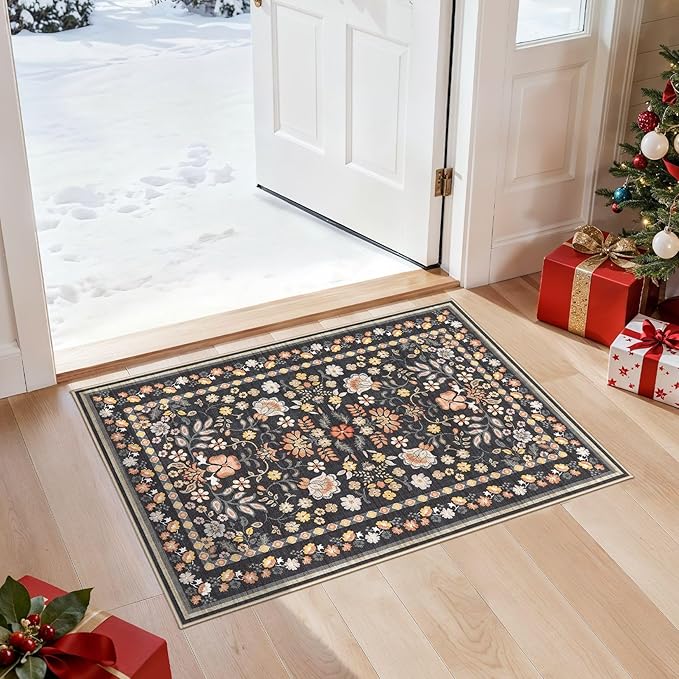 Door Mat Entrance Rug: 2x3 Washable Area Rug Boho Floral Small Rug - Non-Slip Low Pile Throw Indoor Carpet for Entryway Kitchen Front Door Bathroom Entry Kids Room - Black Grey
