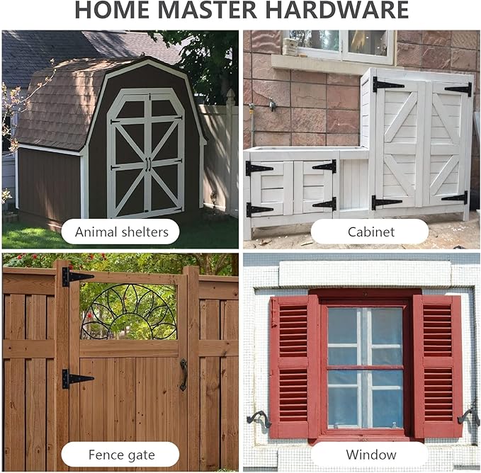 HOME MASTER HARDWARE 8 in Heavy Duty Decorative T Strap Hinge Rustproof Iron Black Gate Hinge,Tee Hinges for Storage Sheds, Gates Barns with Screws (4 Pack)