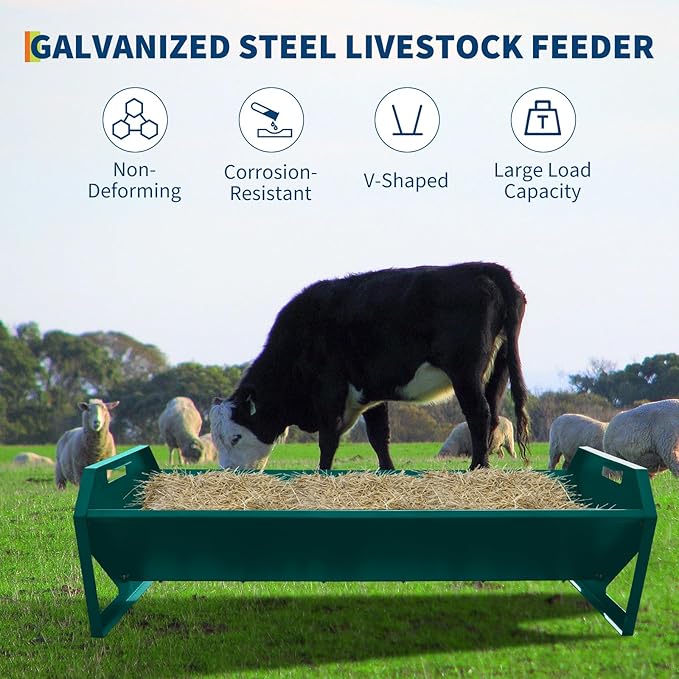 45.13" Heavy Duty Steel Goat Feeder, Heavy Duty 22 Gallon Capacity Livestock Feed Trough, Thickened Livestock Feeder for Goats, Sheep, Horses, Cattle, Alpacas, Easy to Clean, Dark Green