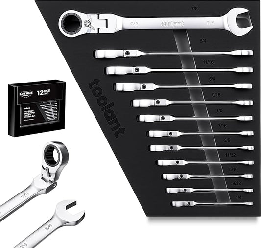 toolant 12pcs SAE Ratcheting Wrench Set, Flex-Head Ratchet Combination Wrench Sets with Switch Design, 1/4"-7/8", 90-Tooth and 4° Swing, 12PCS with Storage Tray