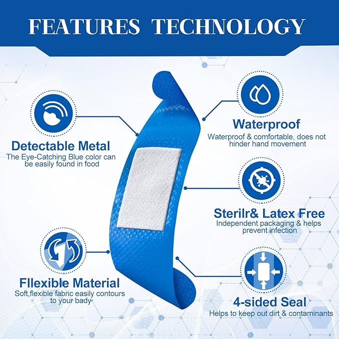Geiserailie Blue Bandages 3 ''x 1'' Food Service Metal Detectable PE Waterproof Adhesive Bandages Bulk Sterile Processing Non Stick Pad Latex Free for First Aid & Wound Care Protection(200 Pcs)