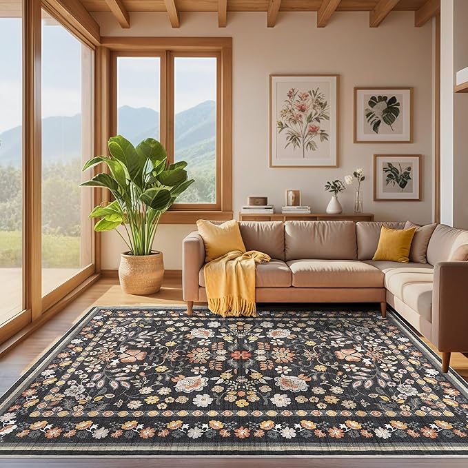 5x8 Area Rug Living Room Rugs - Washable Boho Vintage Floral Large Soft Non Slip Thin Rug Low Pile Carpet for Bedroom Dining Room Kids Playroom Office Decor Indoor- Black Grey