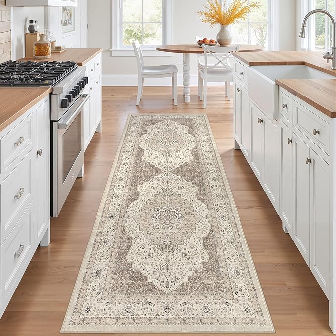 Washable Rug 3x8 Area Rugs for Entryway Bedroom Dining Room Home Office Floor Decor -Stain & Fade Resistant Non Slip Backing Carpet,Ultra-Thin Vintage Large Carpets (Brown/Beige)