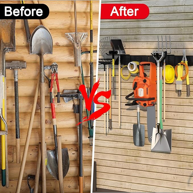 64 Inches Garage Organization, Wall Mount Garden Tool Organizer, 880lbs Adjustable Heavy Duty Metal Hanging Hooks, Garden Tool Storage Rack for Garage, Yard, and Shed (4 Racks, 12 Hooks)