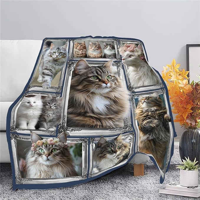 Maine Coon Cat Blanket Cute Kitten Throw Blankets Gifts for Girls Boys Kids Cat Lover Soft Cozy Fleece Plush for Couch Sofa Bed 50"x40"