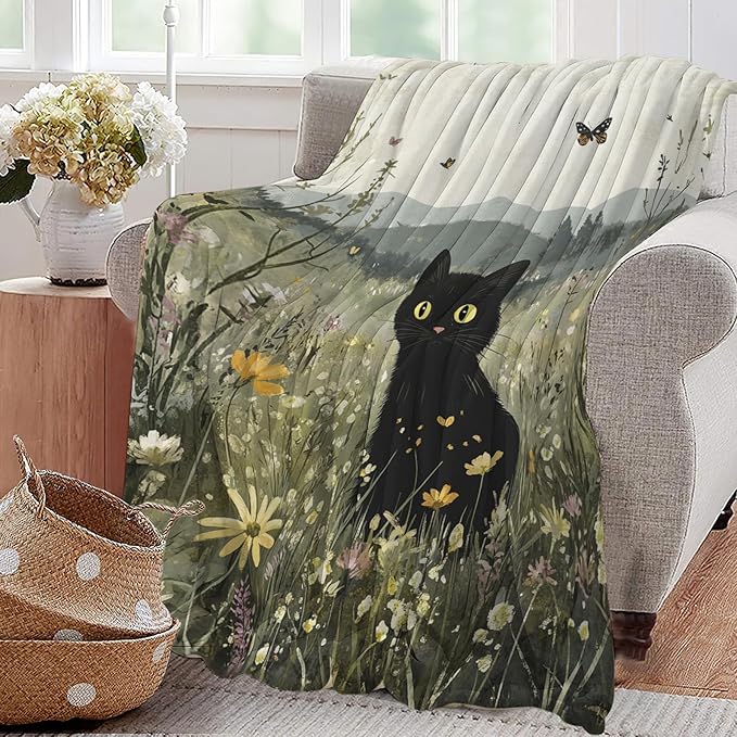 Black Cat Blanket Floral Wildflower Kitten Throw Blankets Gifts for Girls Boys Kids Cat Lover Soft Cozy Fleece Plush for Couch Sofa Bed 50"x40"