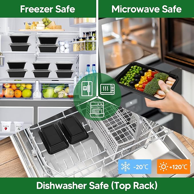 50 Pack Meal Prep Containers with Lids 38oz - BPA-Free, Reusable, Leakproof Food Storage Containers - Microwave/Dishwasher/Freezer Safe, To Go Take Out Plastic Food Storage Pans(Black)