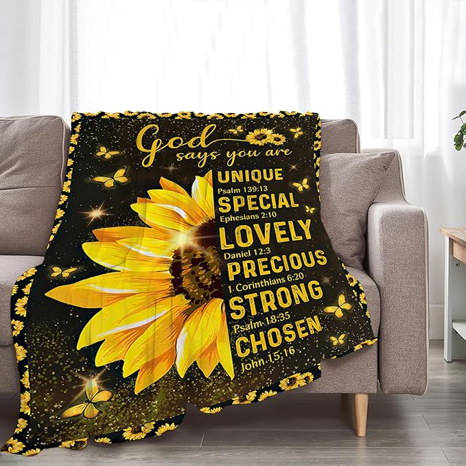 Christian Blanket, Bible Verse Throw Blankets, Sunflowers Fuzzy Plush Blanket Ultra Soft Religious Gift for Women Kids Teens Men Girls Boys Stuff Decor for Home Bedding Sofas Couch 50"X40"