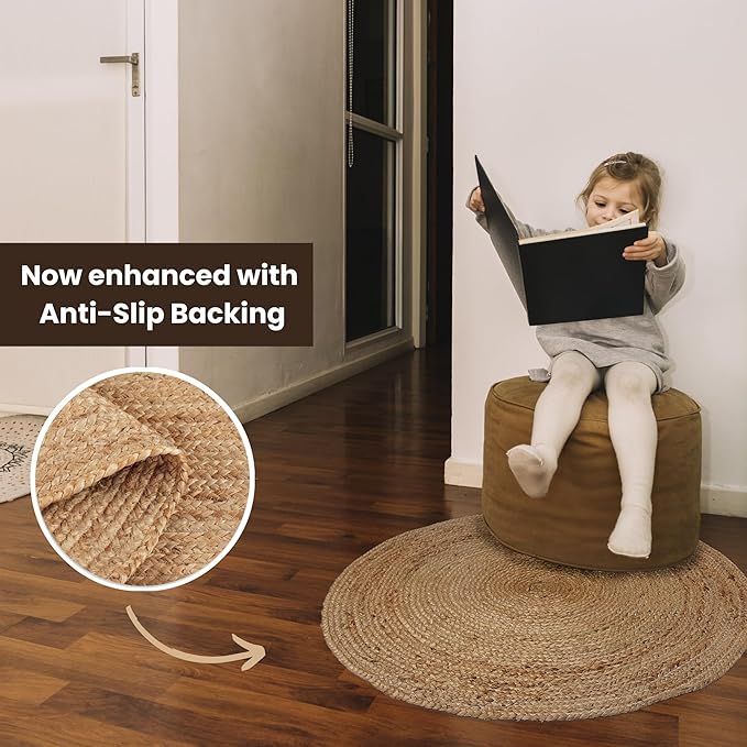 REDEARTH · Round Area Rug - 4 Feet Braided Natural Jute with Non-Skid Backing - Handwoven Boho Rug for Bedroom, Kitchen, Living Room - Farmhouse Aesthetic Home Decor - Durable Handmade Rug
