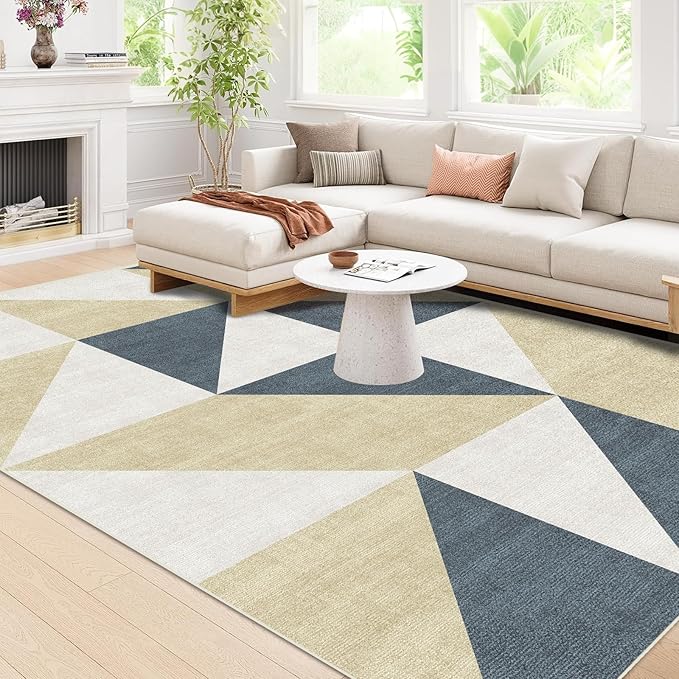 Blue and Gold Modern Geometric Living Room Area Rug 8x10 Abstract Large Soft Indoor Washable Neutral Low Pile Carpet for Bedroom Farmhouse Non Slip