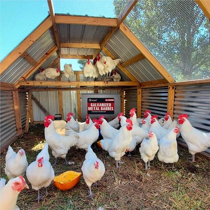 Large Capacity 85lbs Automatic Metal Poultry Feeder Set, Chicken Galvanized Trough, Chicken Feeder No Waste, Rainproof Poultry Feeders, Preventing Small Animals, Suitable for Chickens, Ducks, Turkeys