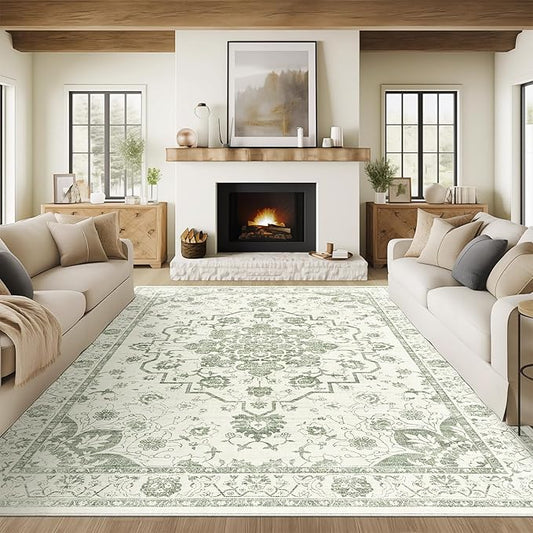 Madane 8x10 Area Rugs for Living Room, Machine Washable Vintage Beige Rug with Non-Slip Backing, Soft Throw Large Rug, Thin Carpet for Bedroom Dining Room Farmhouse Under Table, Green/Ivory