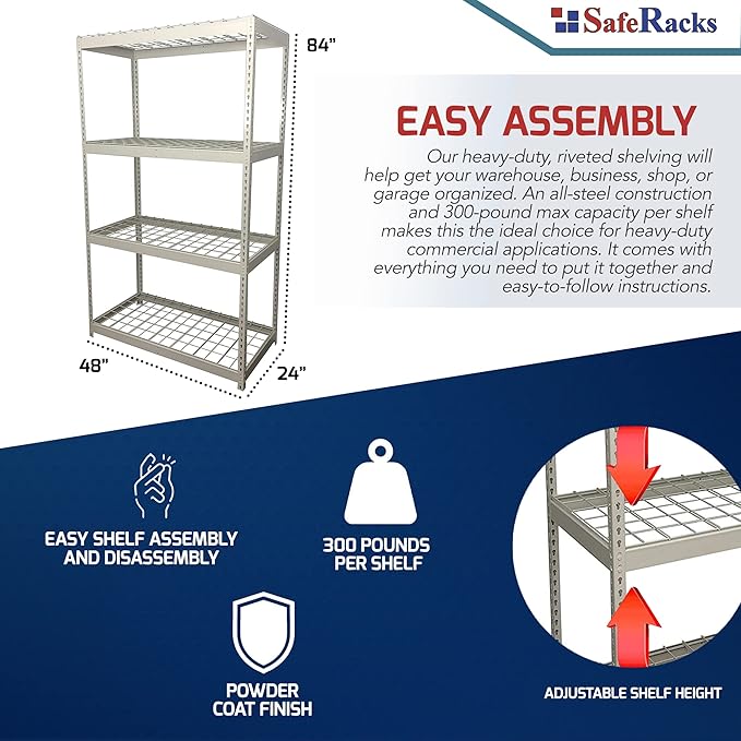 SafeRacks Garage Shelving Unit - All Steel Storage Rack That Holds 300 Pounds Per Shelf - Easy to Assemble, White (24" x 48" x 84")