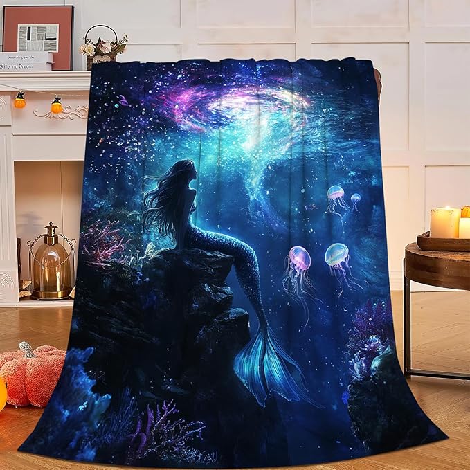 Mermaid Blanket, Blue Ocean Throw Blanket, Underwater Jellyfish Gifts Blankets Stuff Fleece Flannel Plush for Girls Women Men Boys Lovers Adults Soft Bedding Gift for Sofa Bed Office Decor 60"x50"