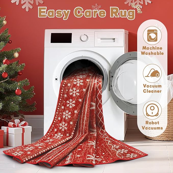 Christmas Living Room Rugs 8x10: Washable Moroccan Geometric Boho Rug Non Slip Stain Resistant Large Rugs Low Pile Soft Carpet for Xmas Holiday Decor Bedroom Dining Room Playroom (Xmas Red,8'x10')