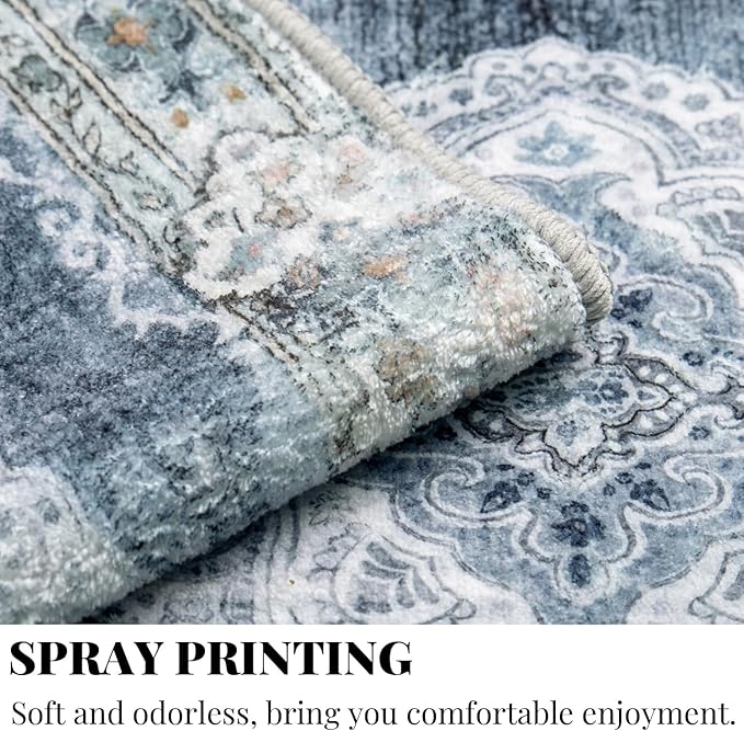 MUJOO Blue Grey Area Rug Small Rugs Boho Machine Washable Rugs Non Slip for Entryway Kitchen Bathroom Bedroom Vintage Soft Low-Pile 2'x3' Flowers