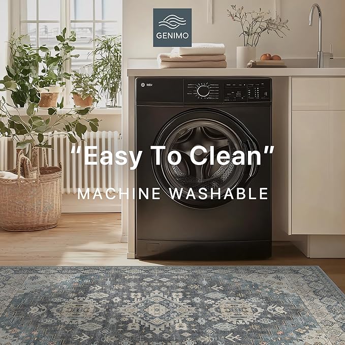 GENIMO Machine Washable 5x7 Area Rugs for Living Room, Non Slip Vintage Rugs, Low Pile Lightweight Chenille Print Rug for Bedroom, Dining Room, Home Office, Slate Gray Blue