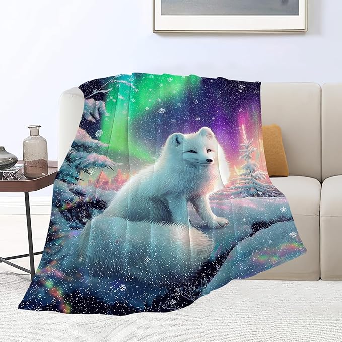 White Fox Blanket Winter Aurora Night Animal Throw Blankets Gifts for Girls Boys Kids Fox Lover Soft Cozy Fleece Plush for Couch Sofa Bed 60"x50"