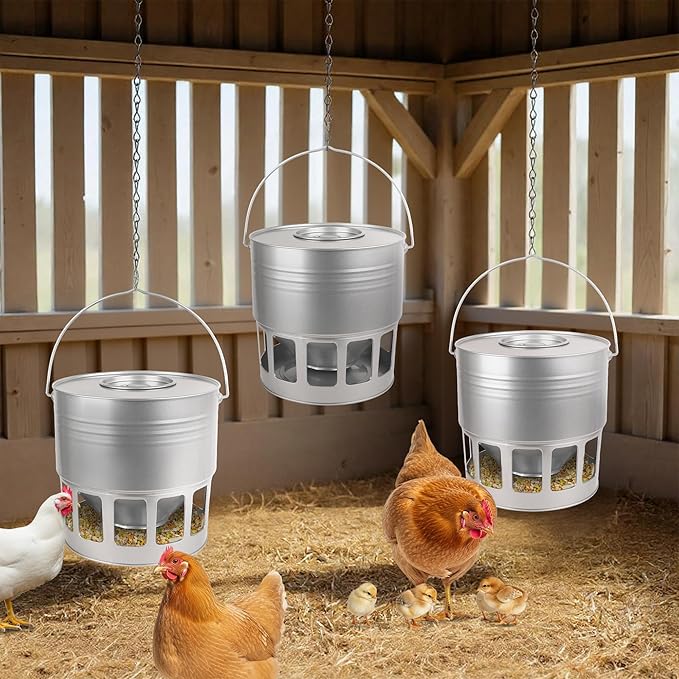 KOL Hanging Chicken Feeder – 20lbs Metal Chicken Feeder, Adjustable Poultry Feeder with 12 Ports, No Installation & Universal Height Design (Silver)